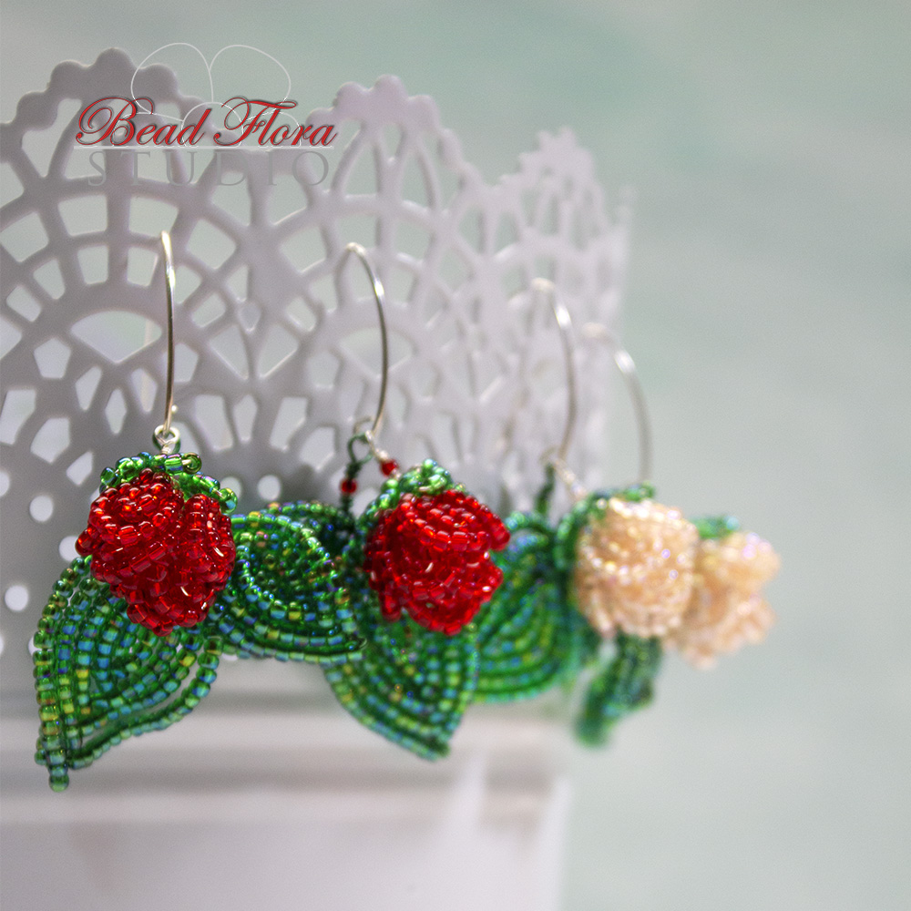 French Beaded Rosebud Flower Earrings Tutorial